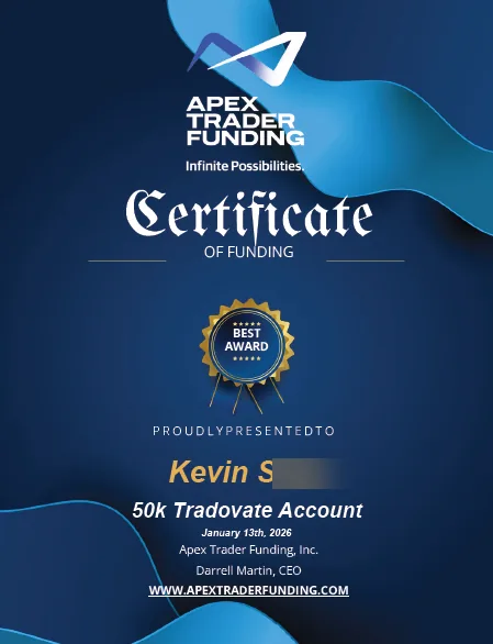 Kevin's five passed Apex evaluation accounts using the Trading123 AlgoBot and Opening Range Breakout software