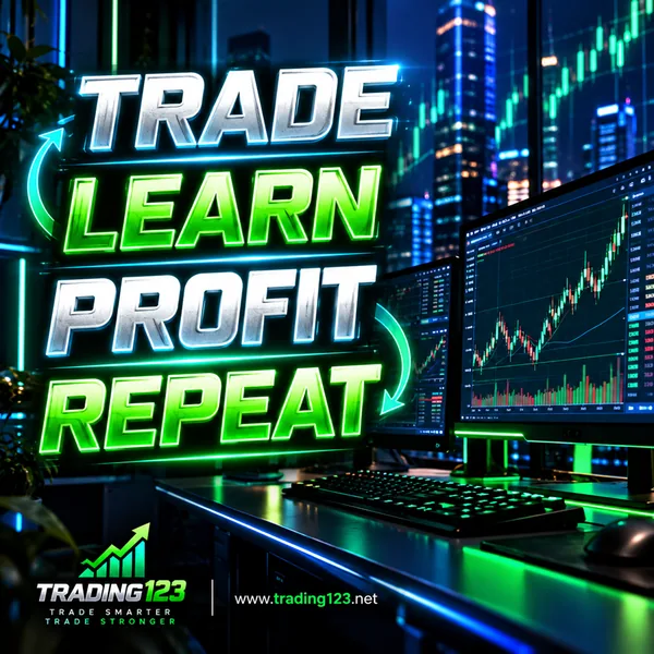 Trade, Learn, Profit, Repeat — Trading123 neon trading motto