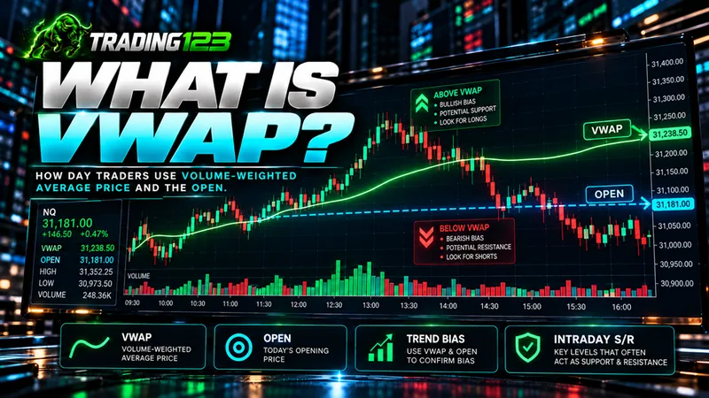 What is VWAP? NQ futures VWAP trading guide — how day traders use volume-weighted average price and the open, with VWAP and open levels on an NQ chart